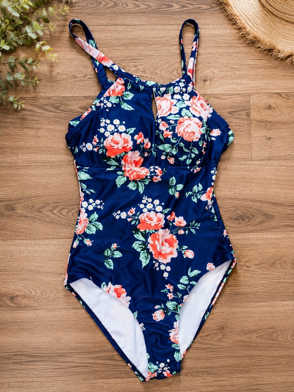 Meet.Curve Floral One Piece Swimsuit Small NWOT Navy Blue